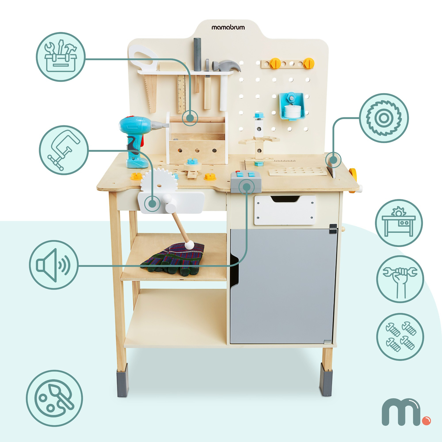 XXL nagy fa műhely szerszámokkal - barkácskészlet, 74 elemmel