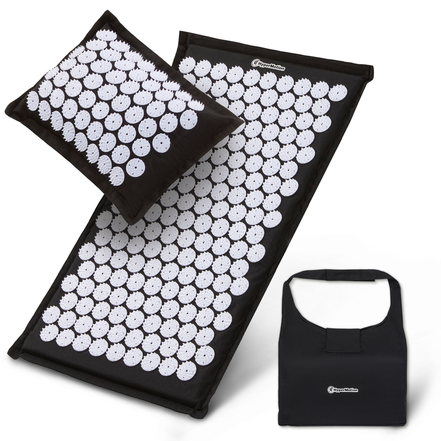 Öko vászon akupresszúrás szőnyeg kókuszrosttal és hajdinapárnával – 68 cm HyperMotion fekete-fehér