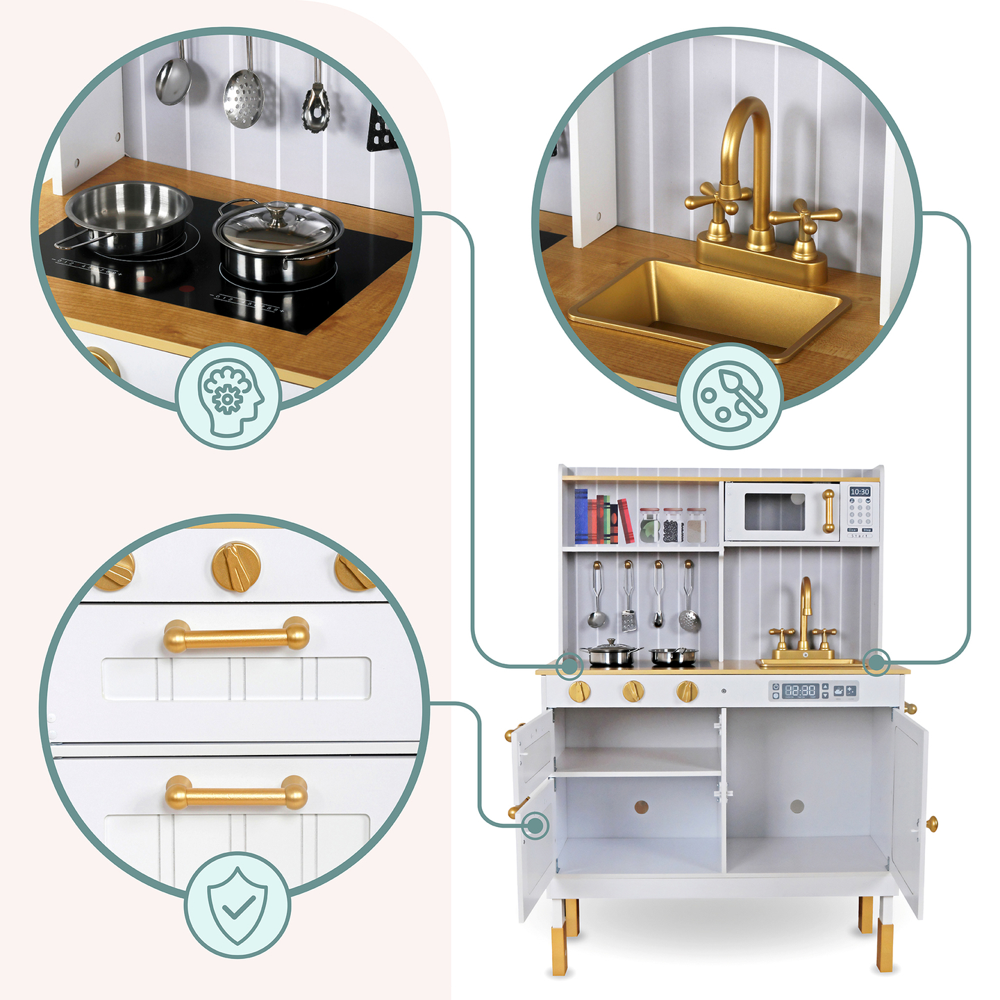 Fehér fa konyha kiegészítőkkel és köténnyel