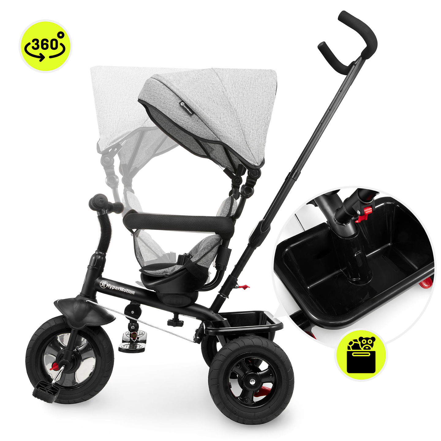 Háromkerekű gyerekeknek 1-4 éves korig - TOBI FREY - szürke színű - forgatható - pumpás kerekek + tolóerő