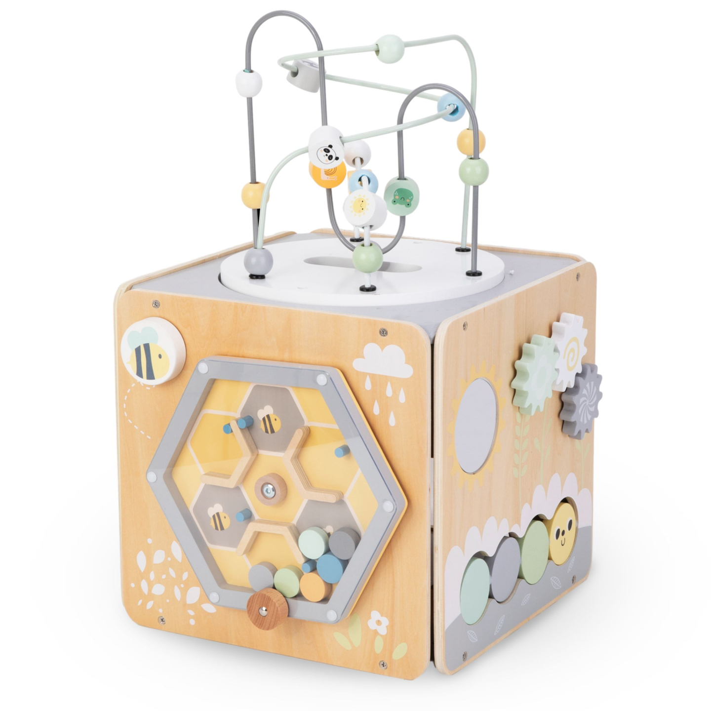 Nagy fából készült aktivitási kocka hurokkal - Montessori