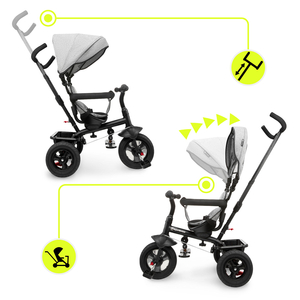 Háromkerekű gyerekeknek 1-4 éves korig - TOBI FREY - szürke színű - forgatható - pumpás kerekek + tolóerő