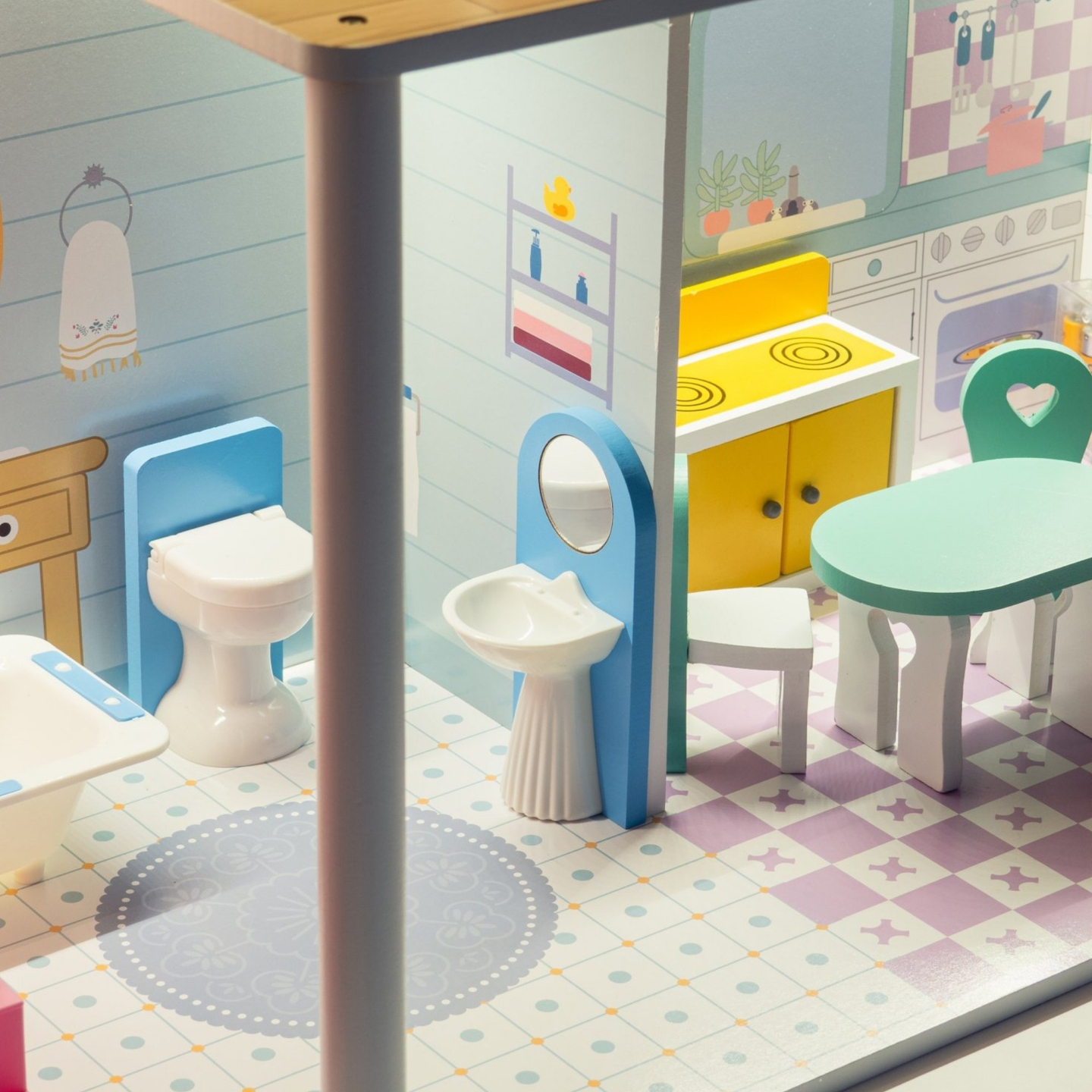 XXL Legnagyobb fából készült babaház - 123 cm - LED világítással - terasz, kiegészítők, kert