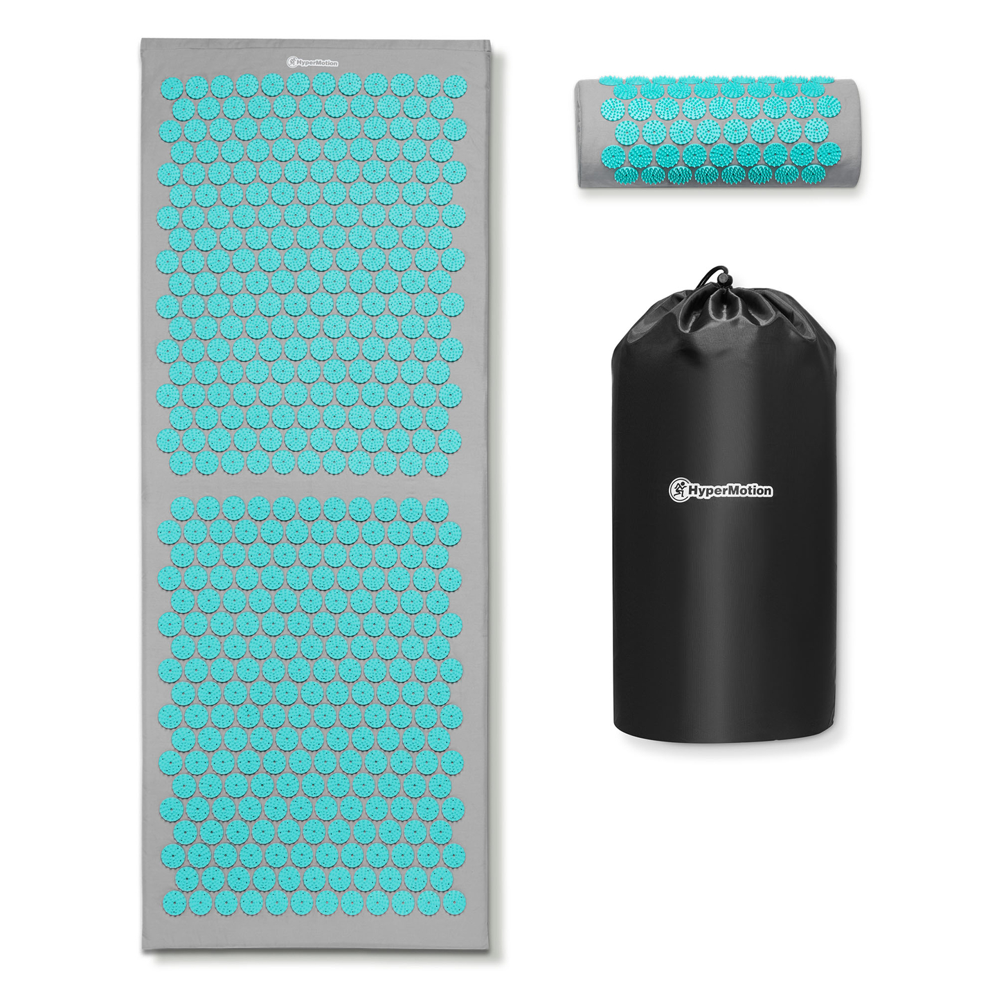 Nagy akupresszúrás szőnyeg párnával és huzattal - 130 cm HyperMotion szürke-menta
