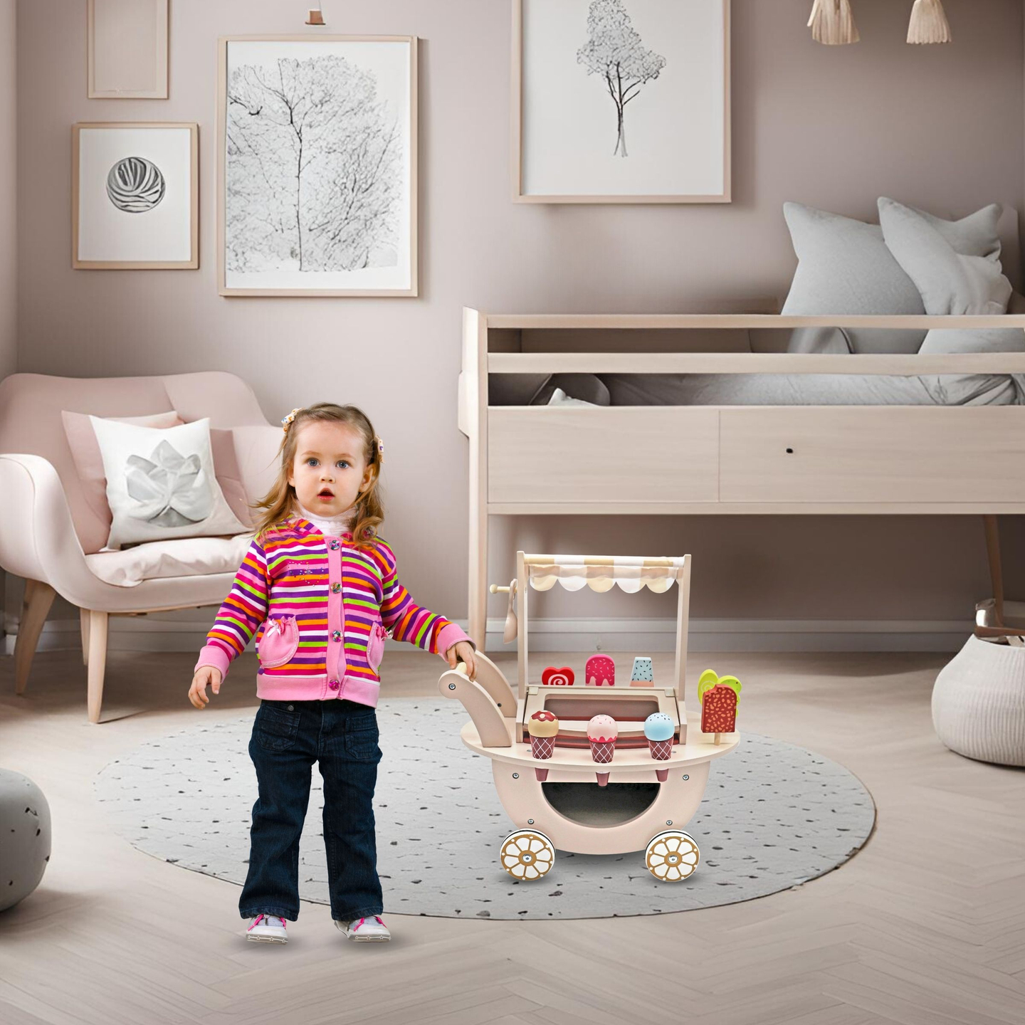 Fából készült fagylaltozó gyerekeknek - kerekes kocsi tartozékokkal