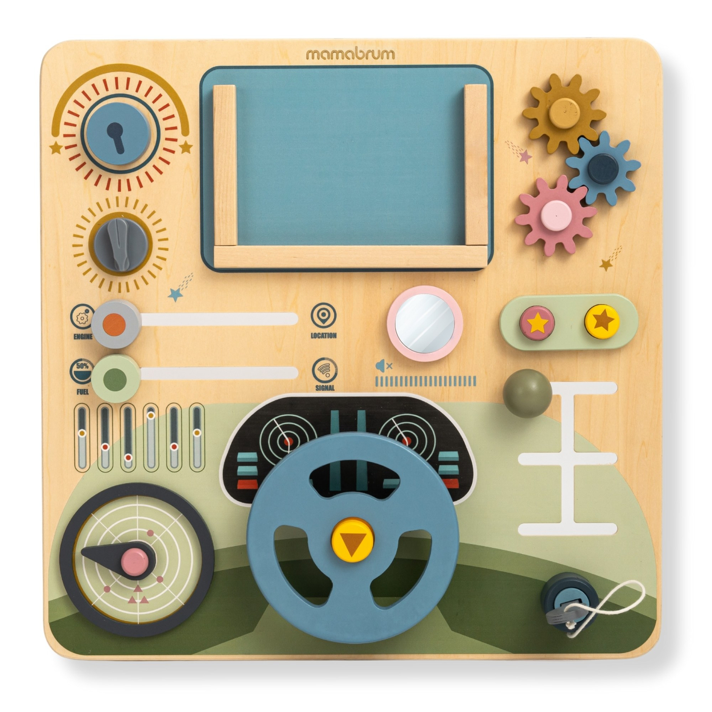 Fa Montessori tábla 2 az 1-ben vezetőfülke a kis sofőrnek és pilótának – kormánykerék, sebességváltó, útitérképek, radar