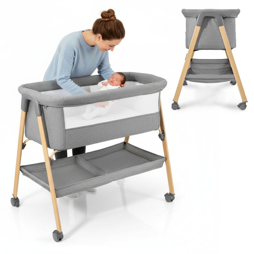 Babaágy, szabadon álló, utazóágy, bölcső matraccal - szürke