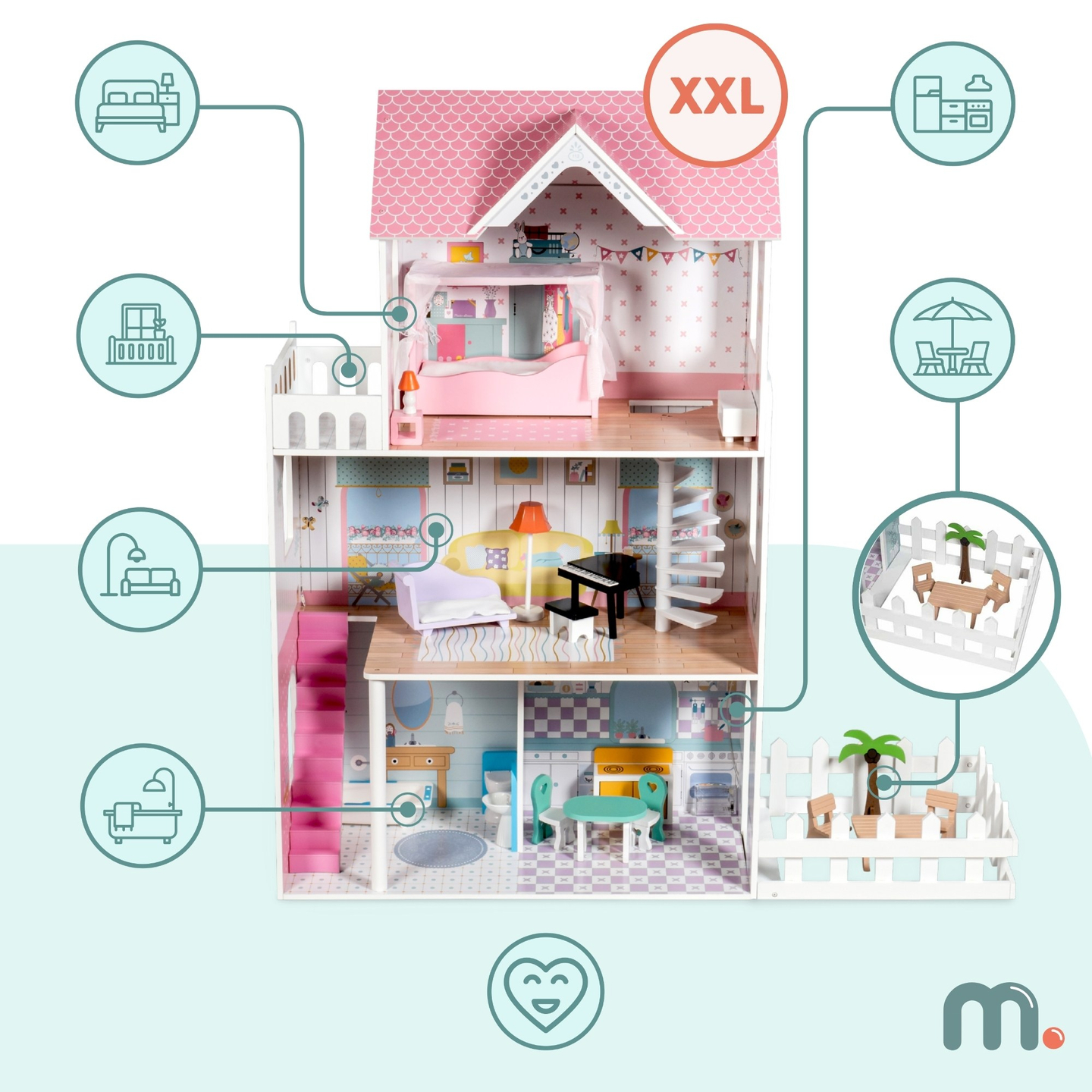 XXL Legnagyobb fából készült babaház - 123 cm - LED világítással - terasz, kiegészítők, kert