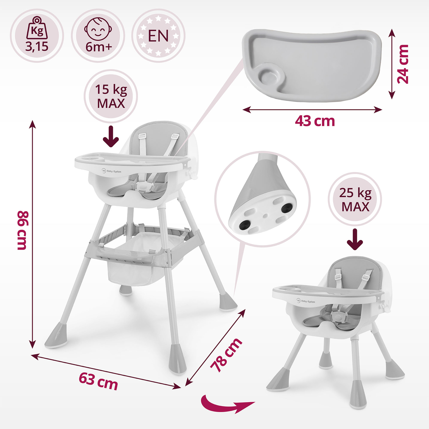 Moby-System Magnolia 2 az 1-ben állítható etetőszék - szürke
