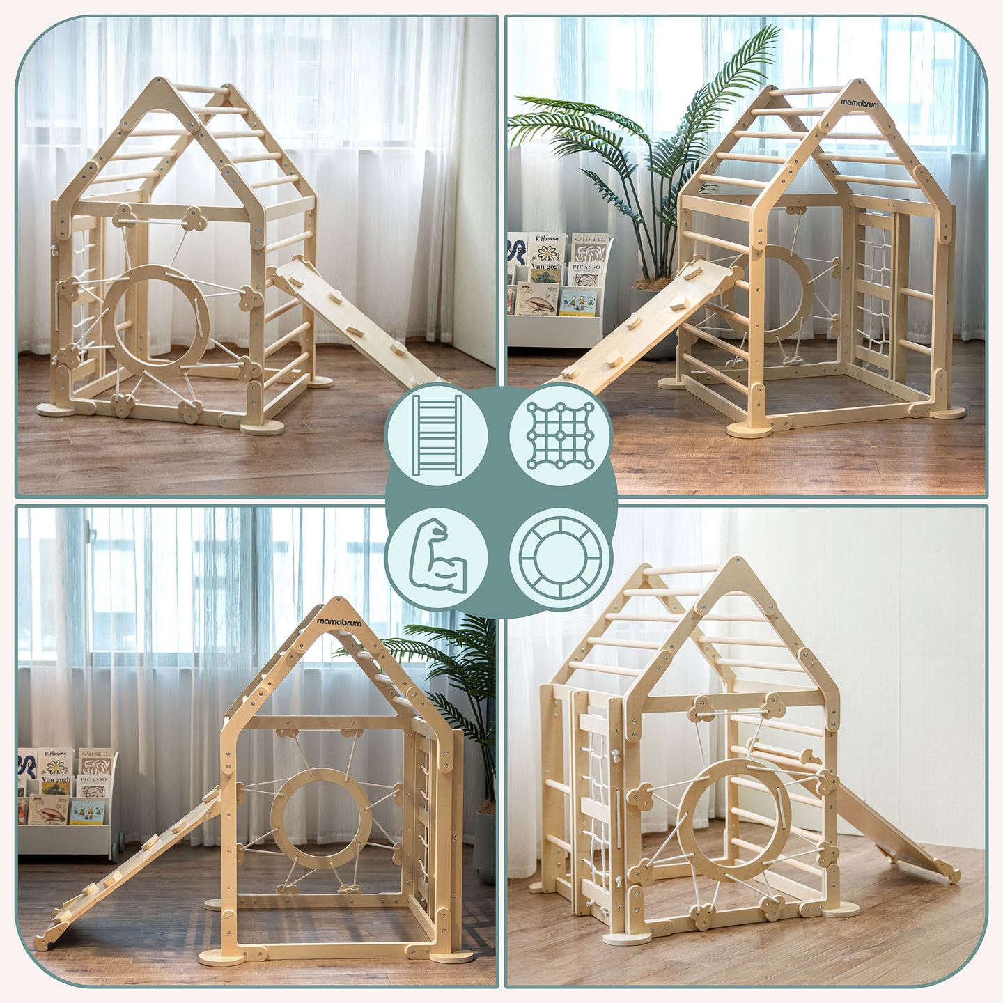 Fedett játszótér gyerekeknek - egy ház létrákkal és csúszdával