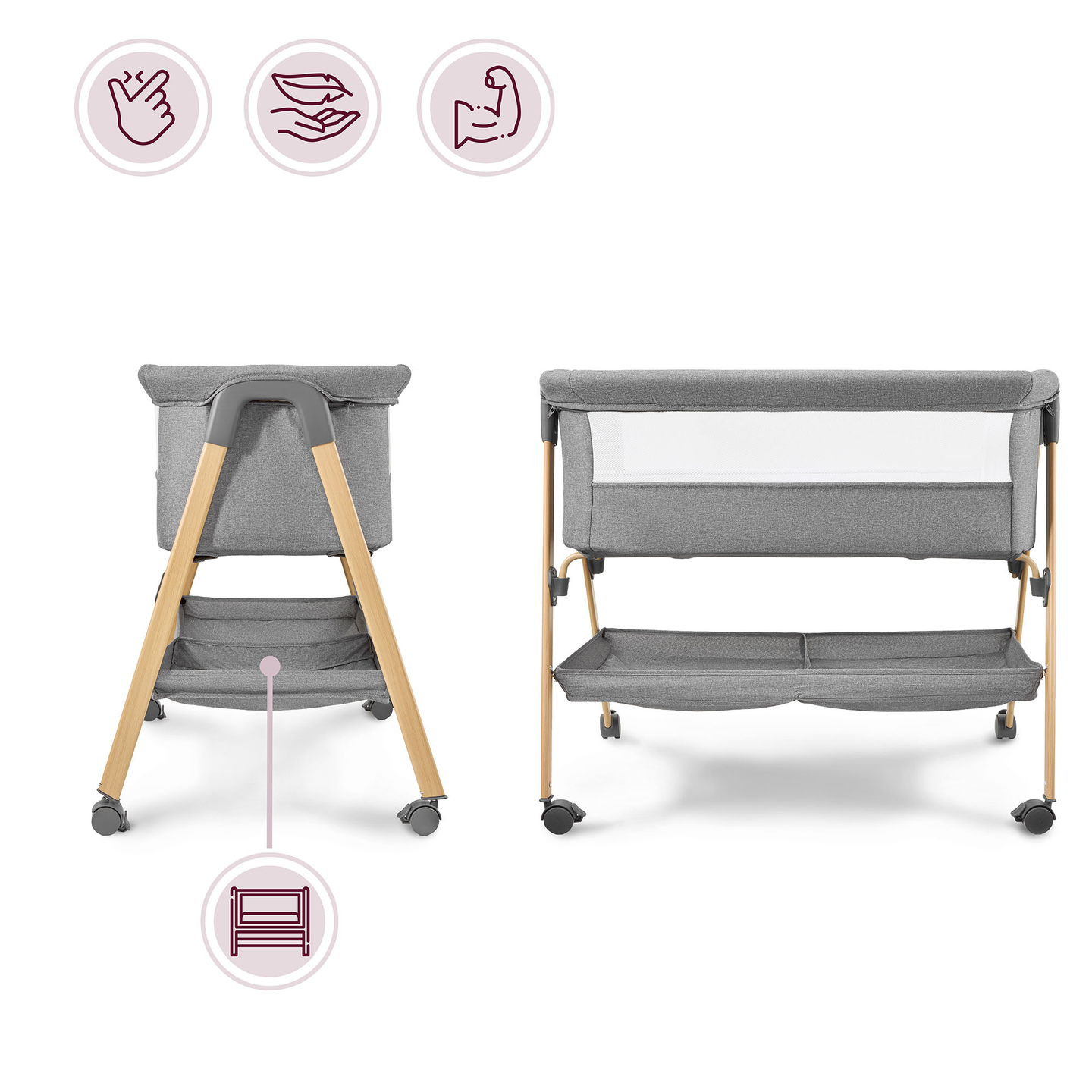Babaágy, szabadon álló, utazóágy, bölcső matraccal - szürke