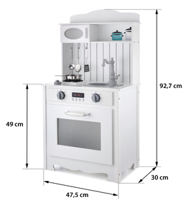 Fehér fa konyha köténnyel, kiegészítőkkel és LED lámpával