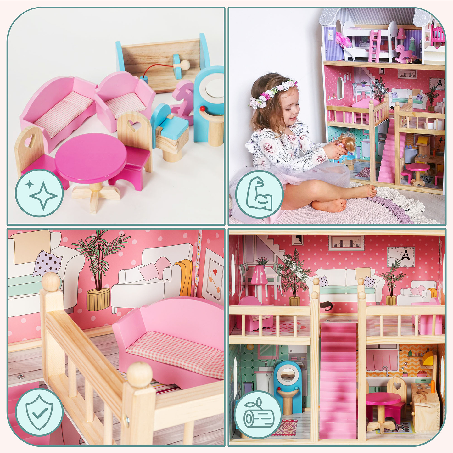 Nagyméretű, 3 szintes, fából készült babaház terasszal, bútorszettel és LED világítással!