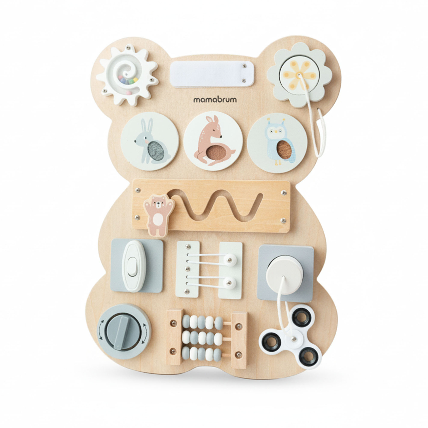 Montessori fa plüssmackó manipulatív tábla - szenzoros önállóság tanulás: tépőzár, dugó, labirintus, kattintógomb