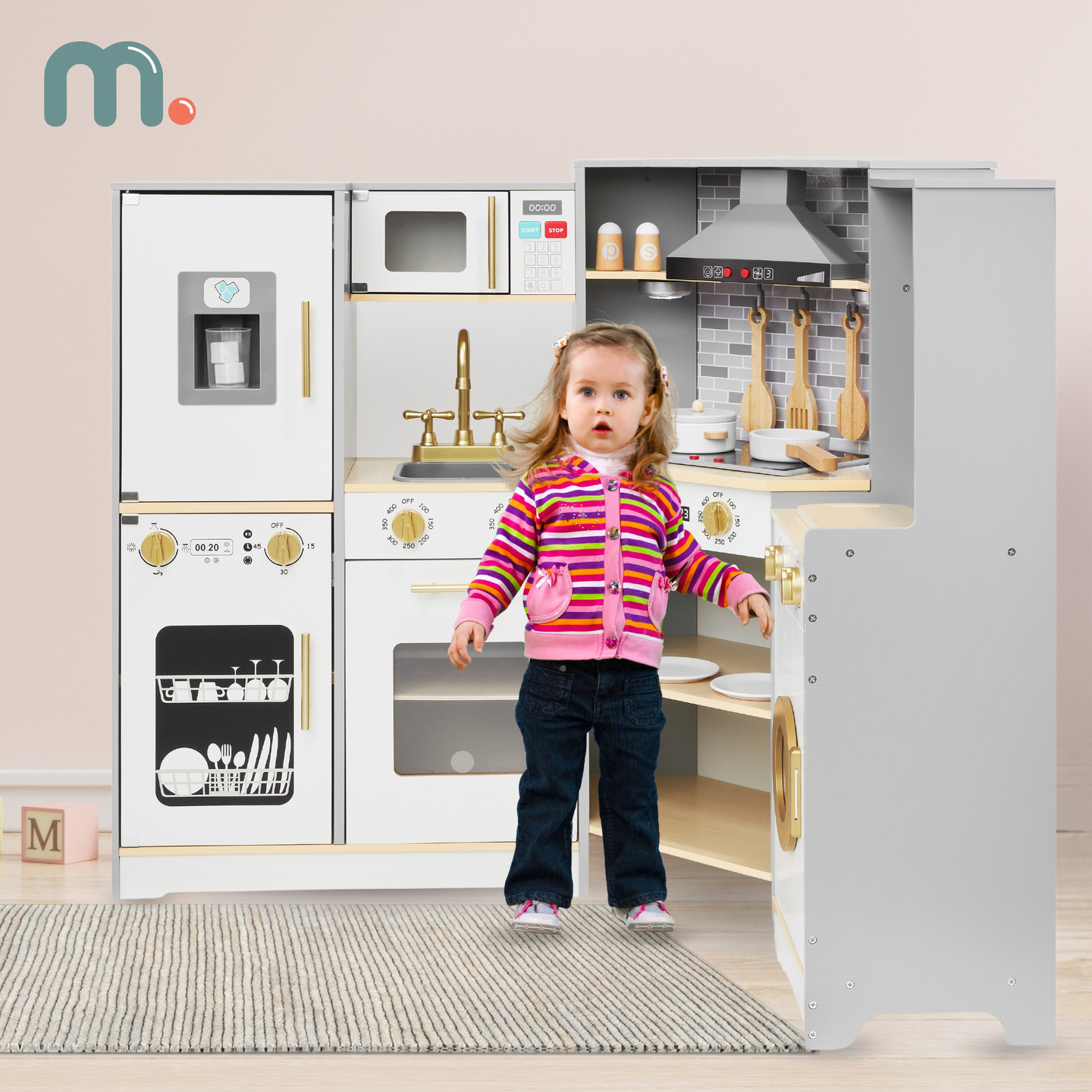 XXXL fából készült interaktív konyha LED világítással, páraelszívóval és tartozékokkal