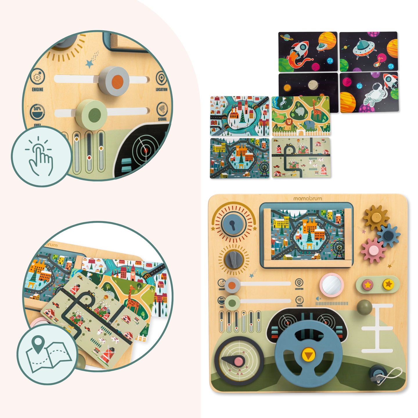 Fa Montessori tábla 2 az 1-ben vezetőfülke a kis sofőrnek és pilótának – kormánykerék, sebességváltó, útitérképek, radar