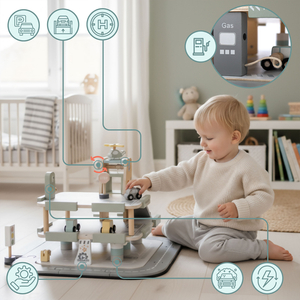 Fából készült, háromszintes garázs gyerekeknek kiegészítőkkel – parkoló, benzinkút, autómosó, helikopter