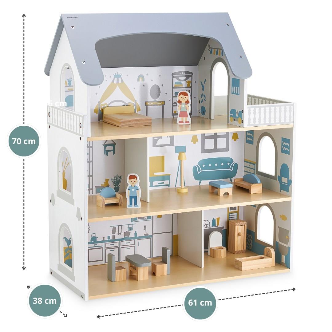 Fehér fából készült babaház terasszal és kiegészítőkkel
