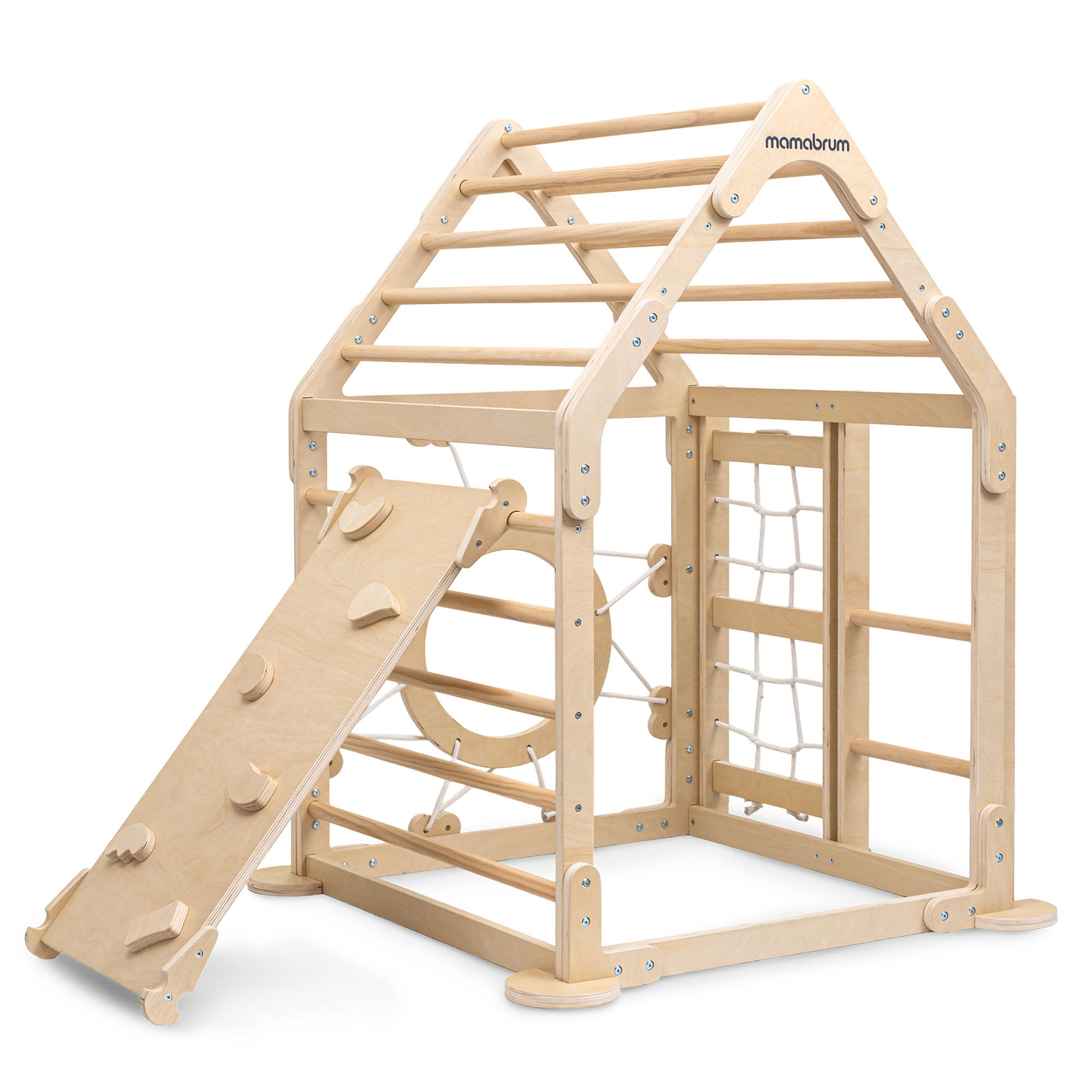 Fedett játszótér gyerekeknek - egy ház létrákkal és csúszdával