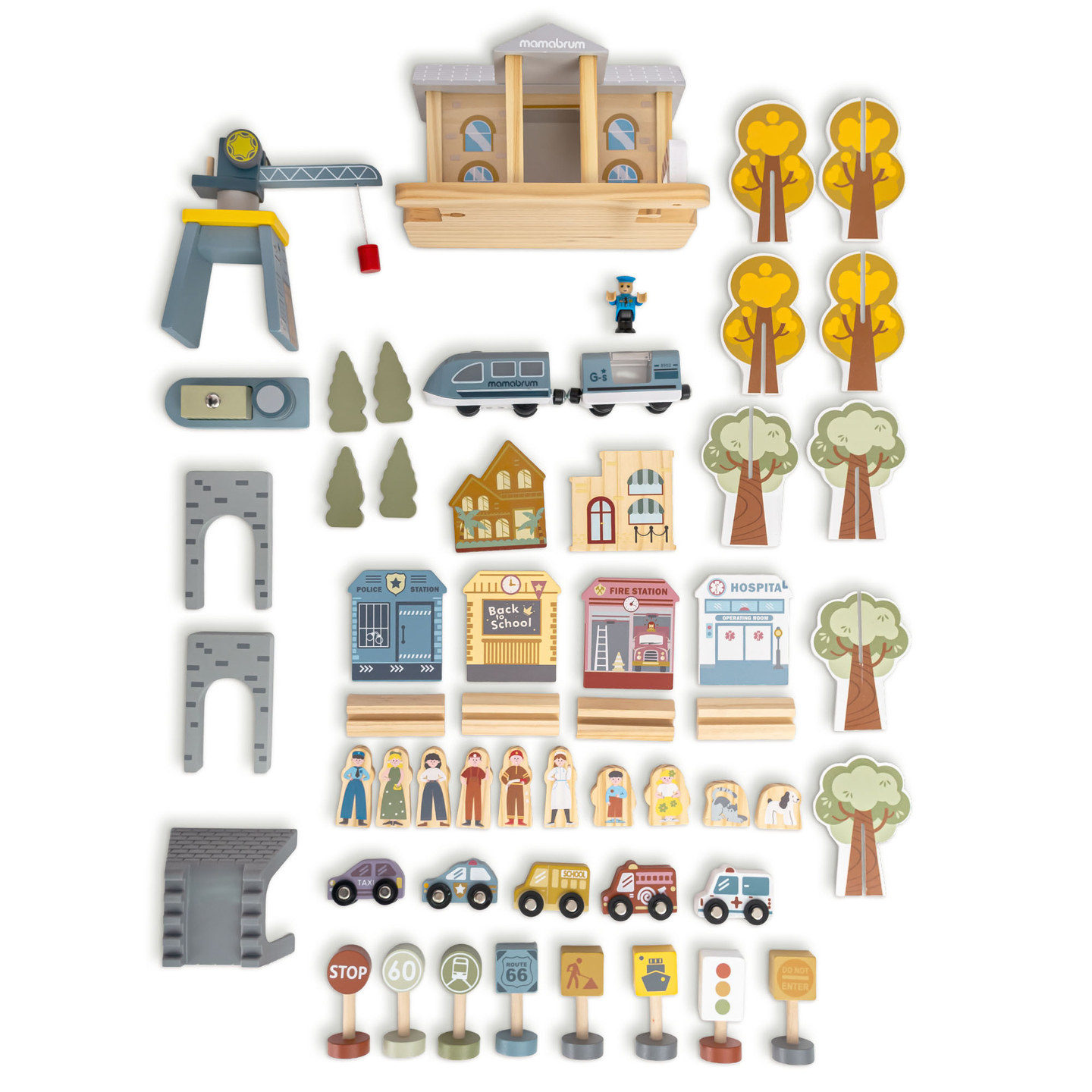 Fából készült városi vasút elektromos vonattal - mozgó daru, hajó, hidak