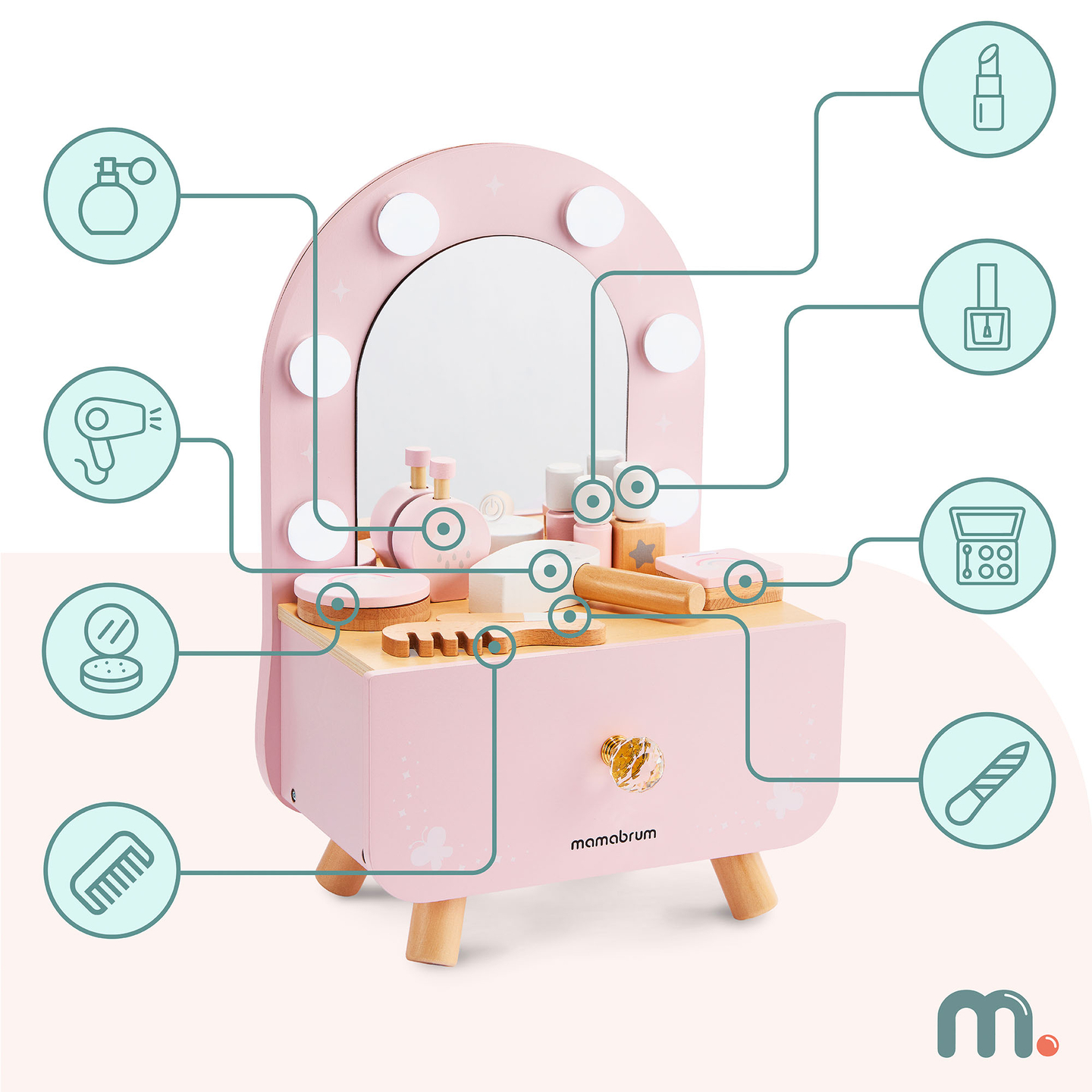 Fa mini fésülködőasztal gyerekeknek kiegészítőkkel és LED világítással, fokozatmentes fényerő-szabályozással