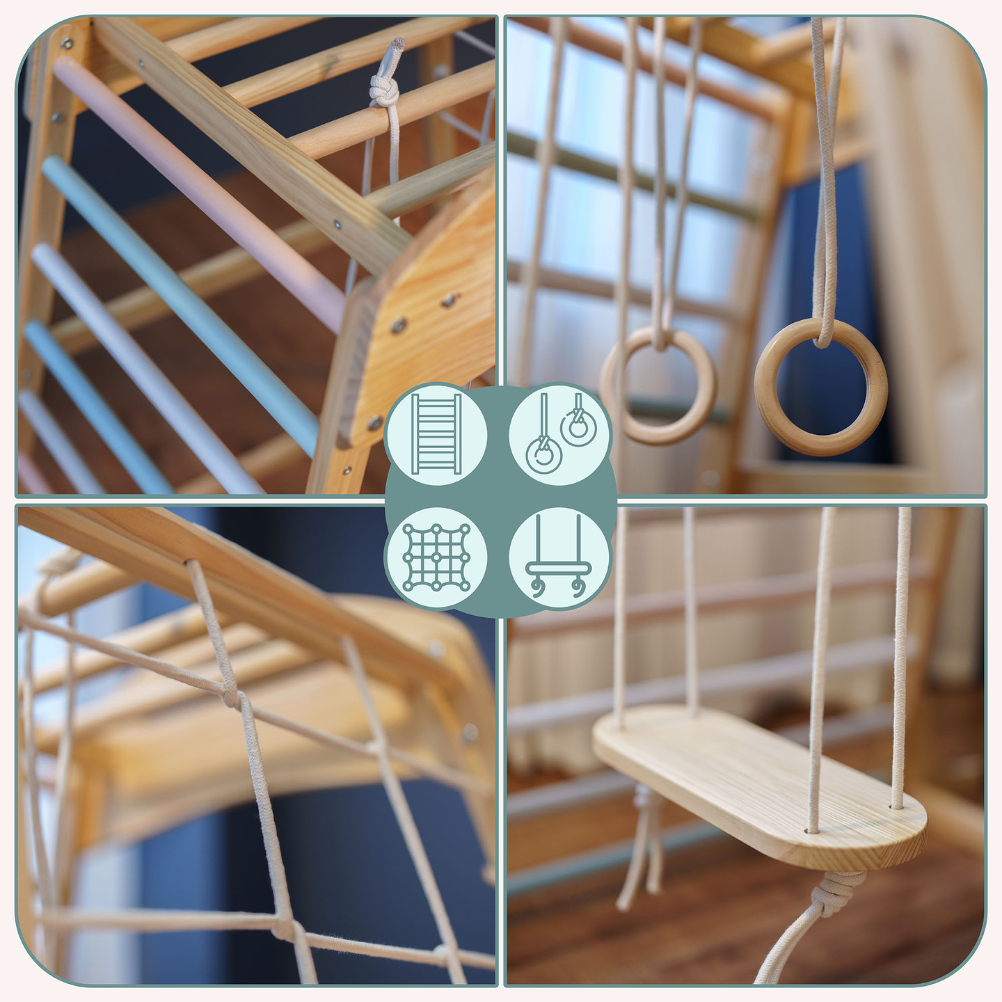 Fedett, fából készült játszótér hintával, tornagyűrűkkel és mászóhálóval