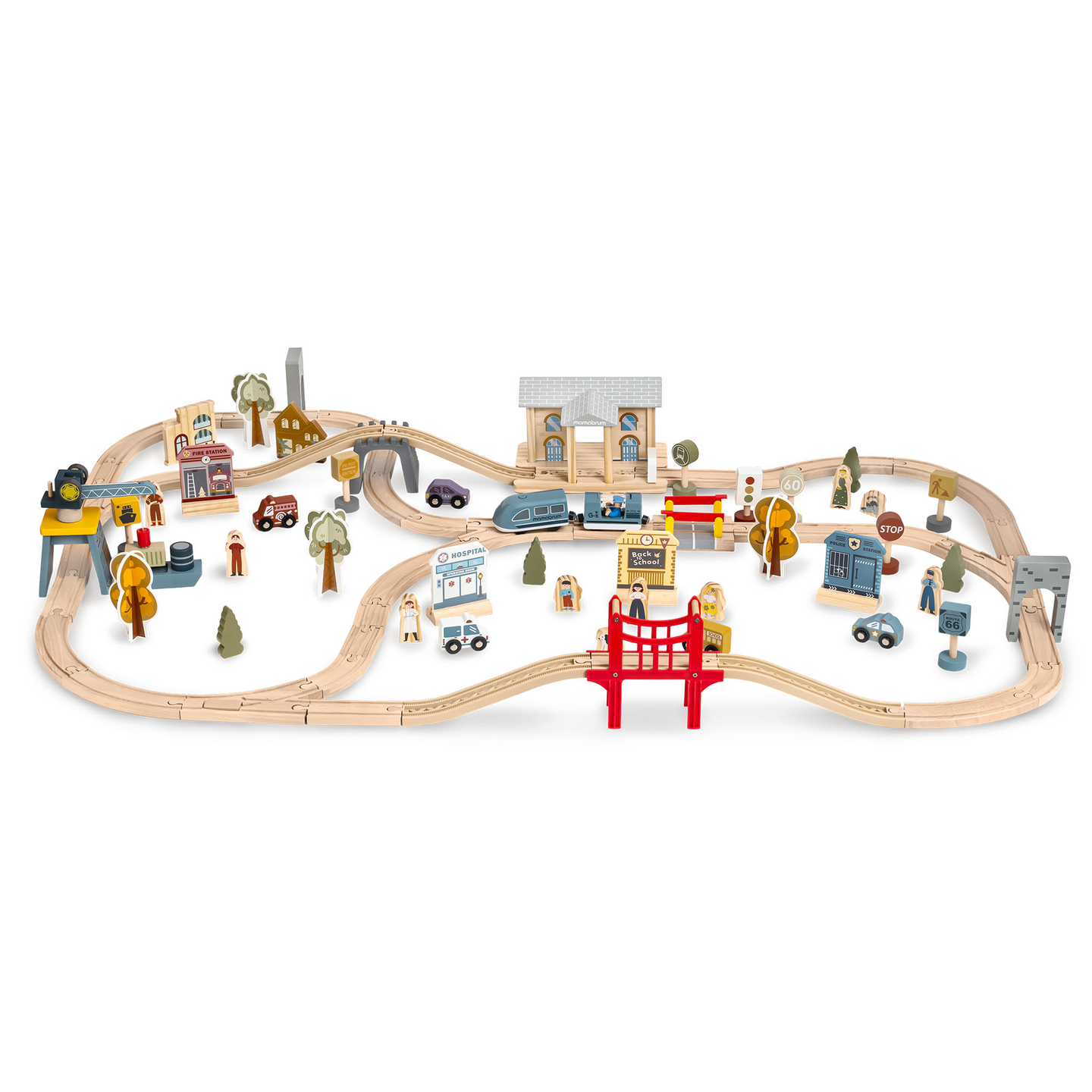 Fából készült városi vasút elektromos vonattal - mozgó daru, hajó, hidak