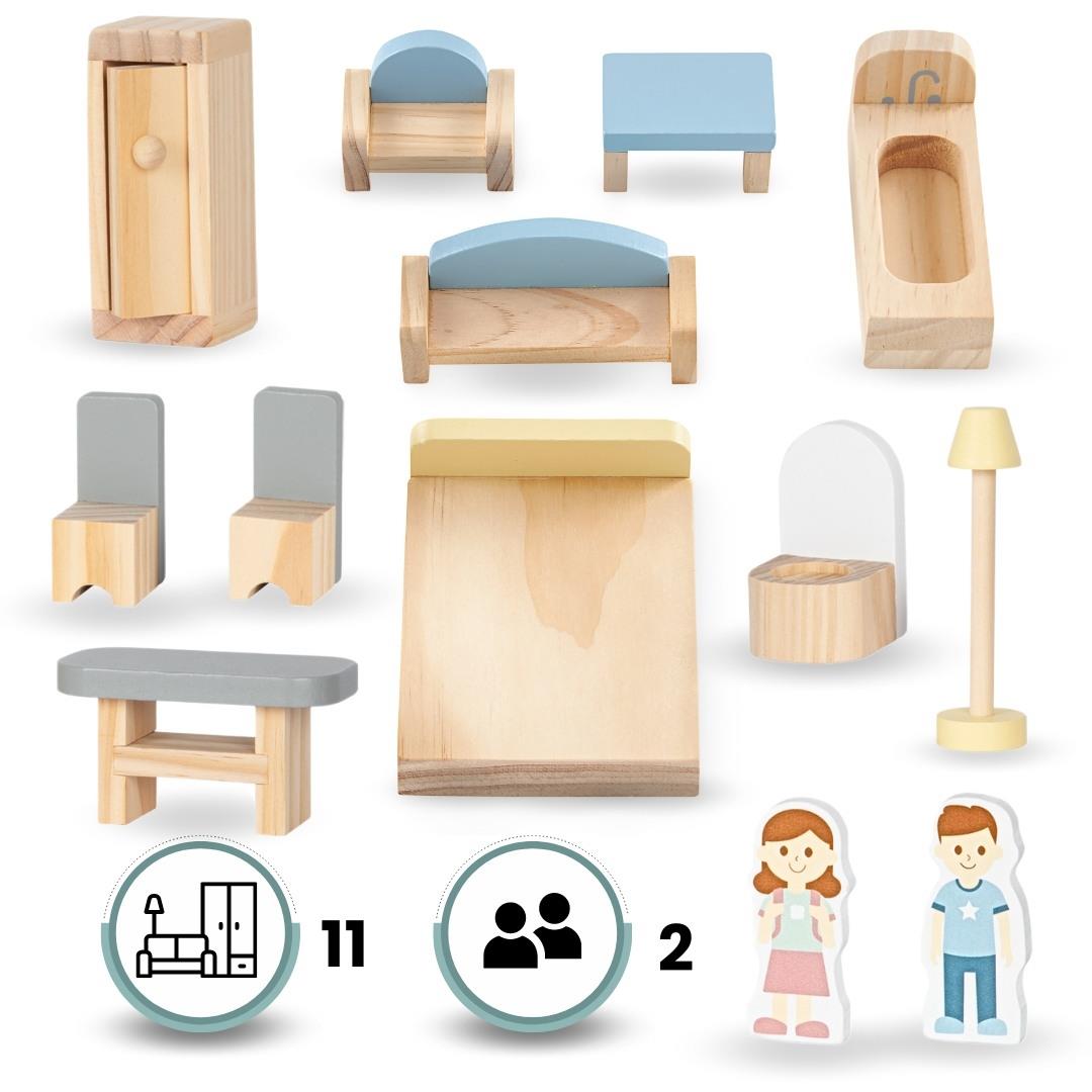 Fehér fából készült babaház terasszal és kiegészítőkkel