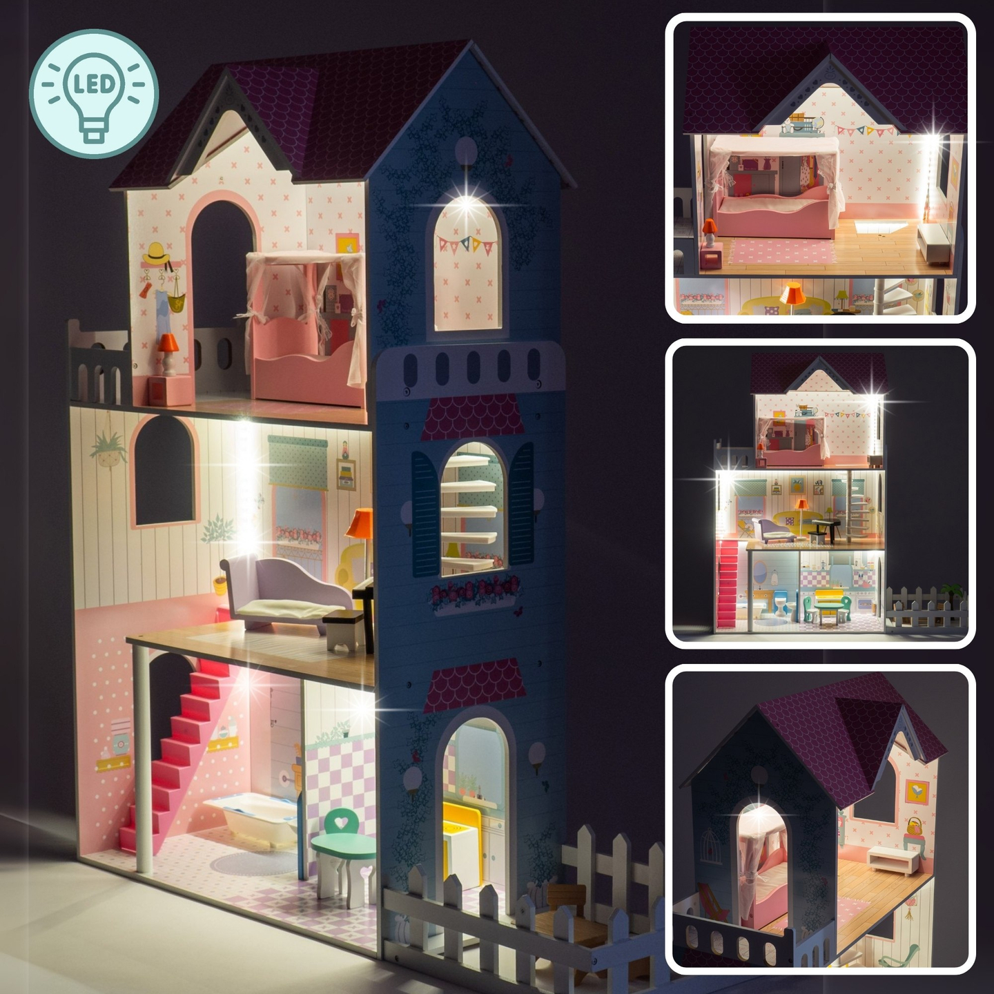 XXL Legnagyobb fából készült babaház - 123 cm - LED világítással - terasz, kiegészítők, kert