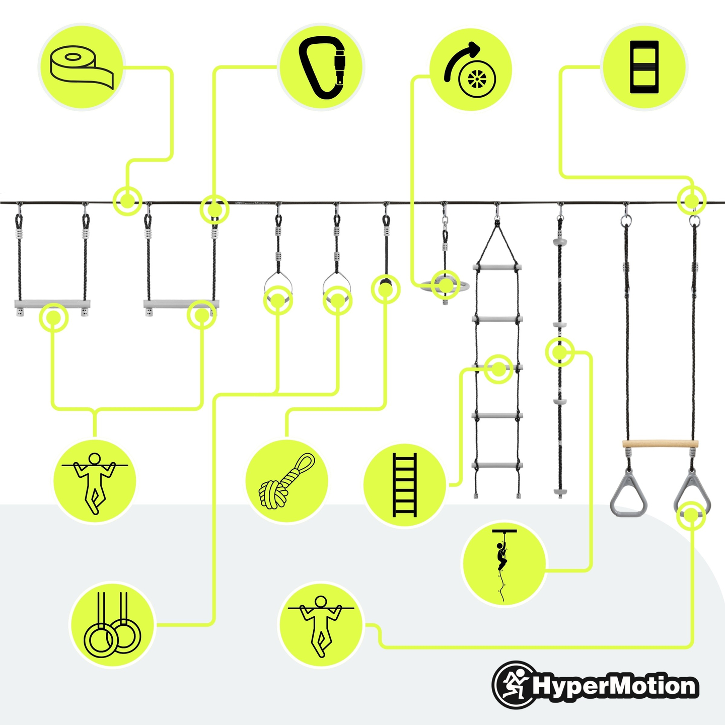 Ninja akadálypálya gyerekeknek - HyperMotion slackline készlet - 9 akadály
