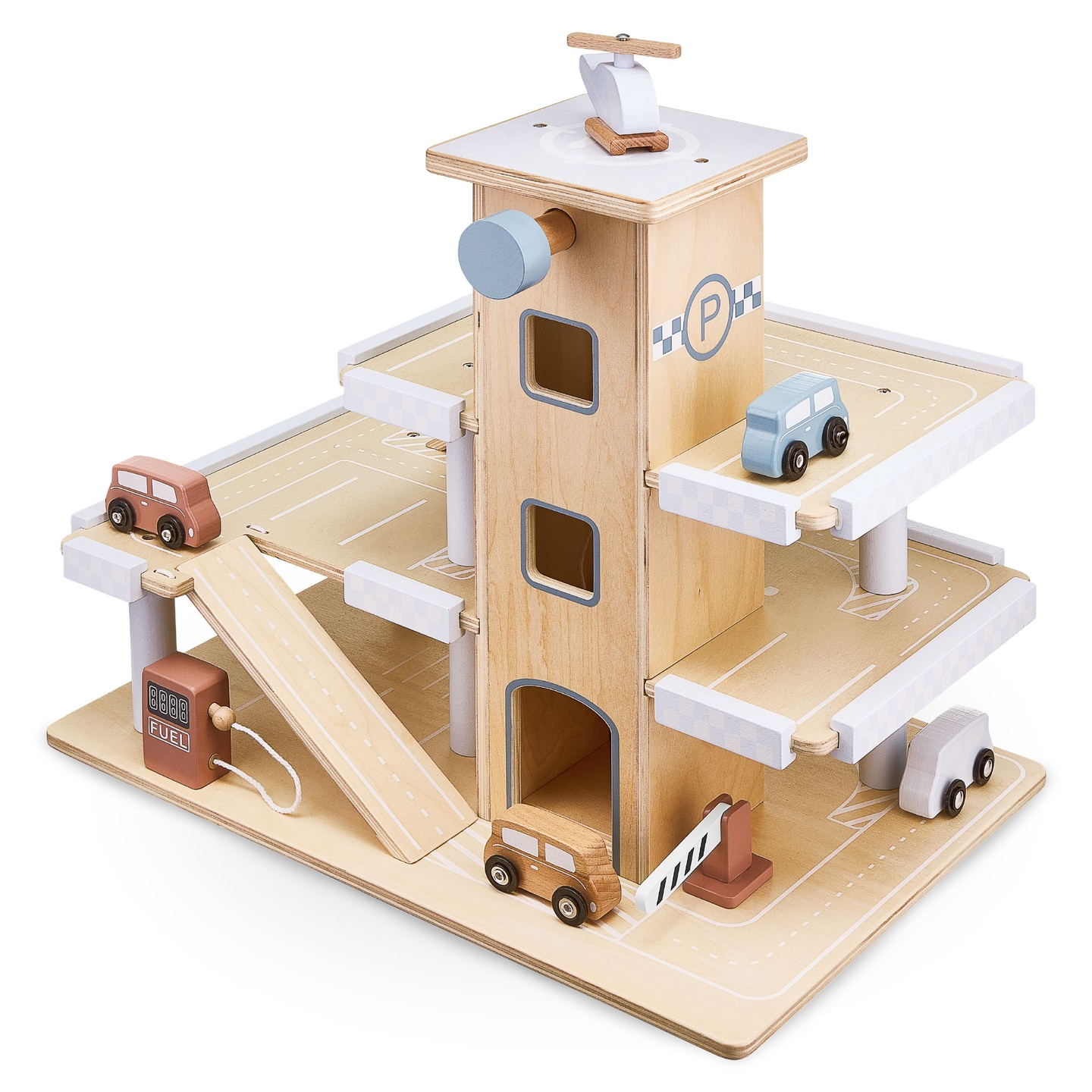 Háromszintes, fából készült parkoló lifttel - garázs autókkal és helikopterrel