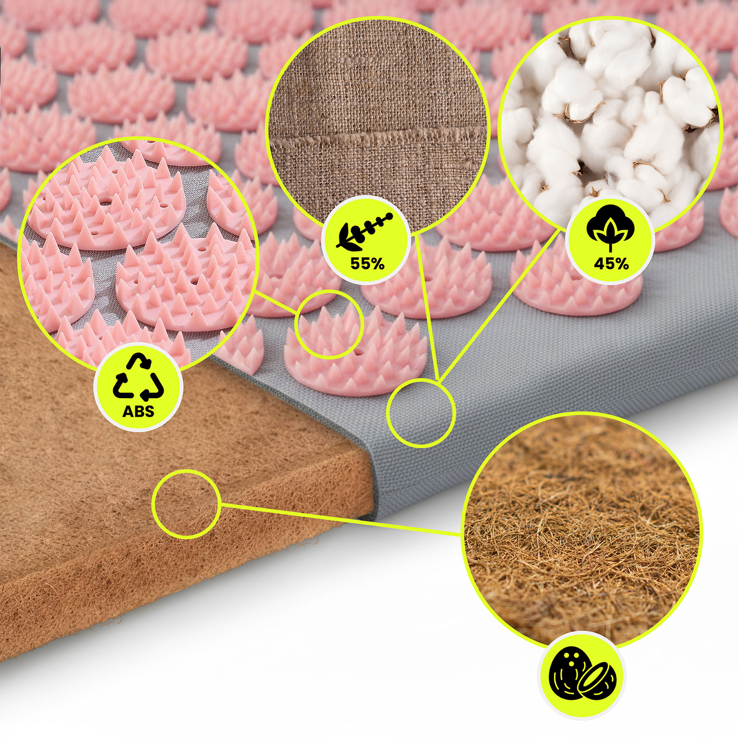 Öko vászon akupresszúrás szőnyeg kókuszrosttal és hajdinapárnával – 68 cm HyperMotion szürke és rózsaszín