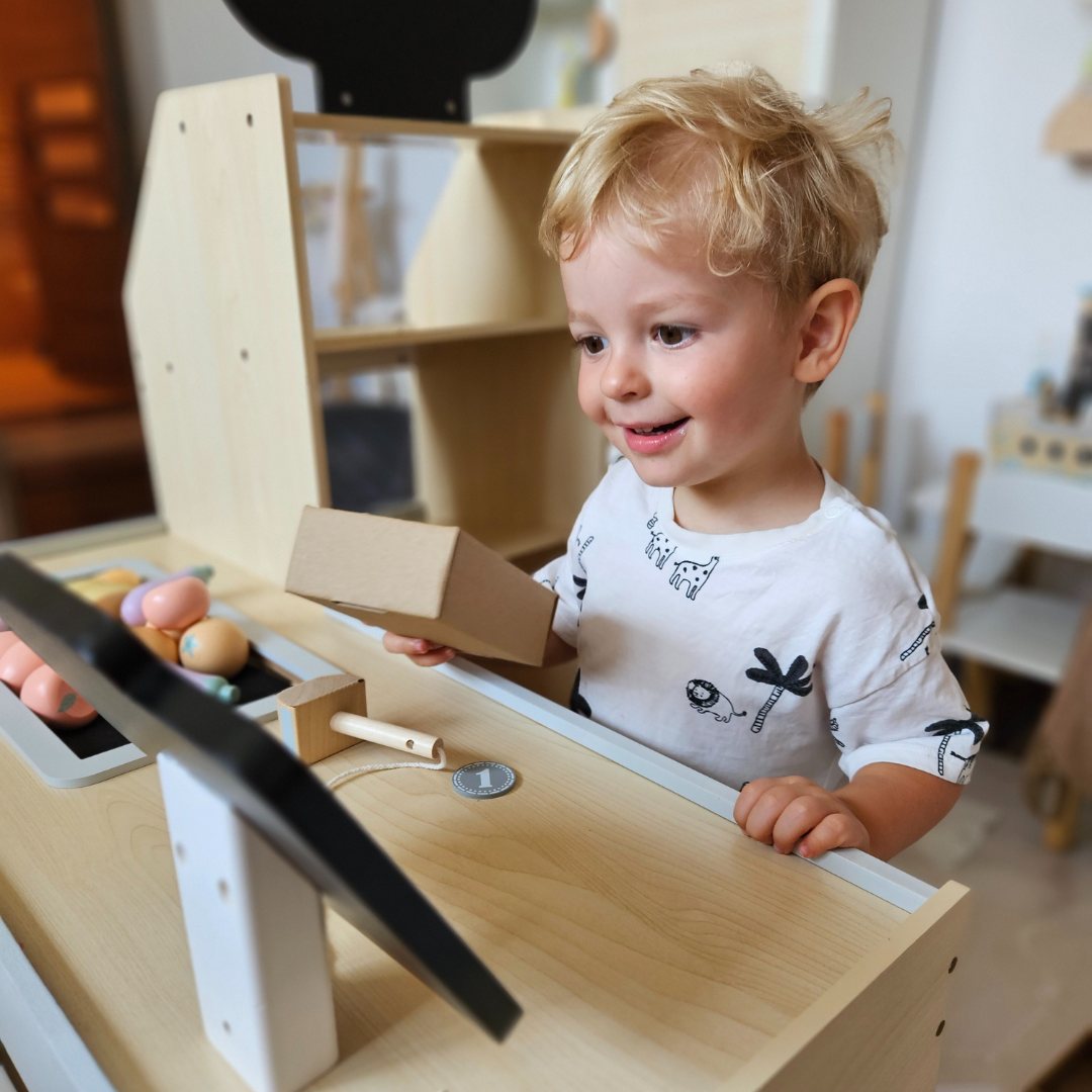 Fából készült zöldségpiac - nagy XXL bódé, bolt játék pénztárgéppel