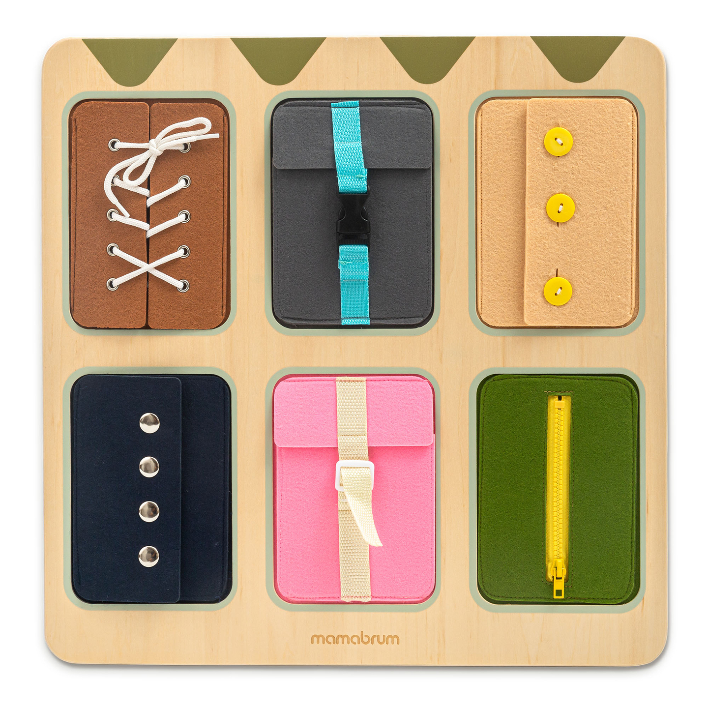 Montessori fa manipulatív tábla – Szenzoros önállóság tanulás - fűzők, csatok, gombok, patentkapcsok, cipzár