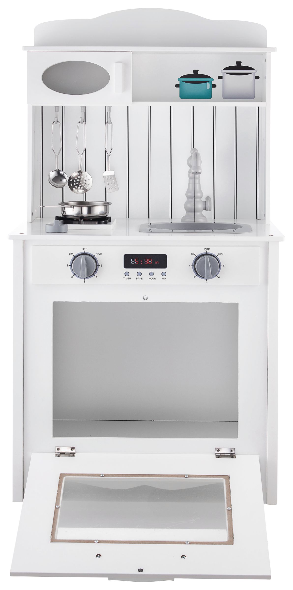 Fehér fa konyha köténnyel, kiegészítőkkel és LED lámpával