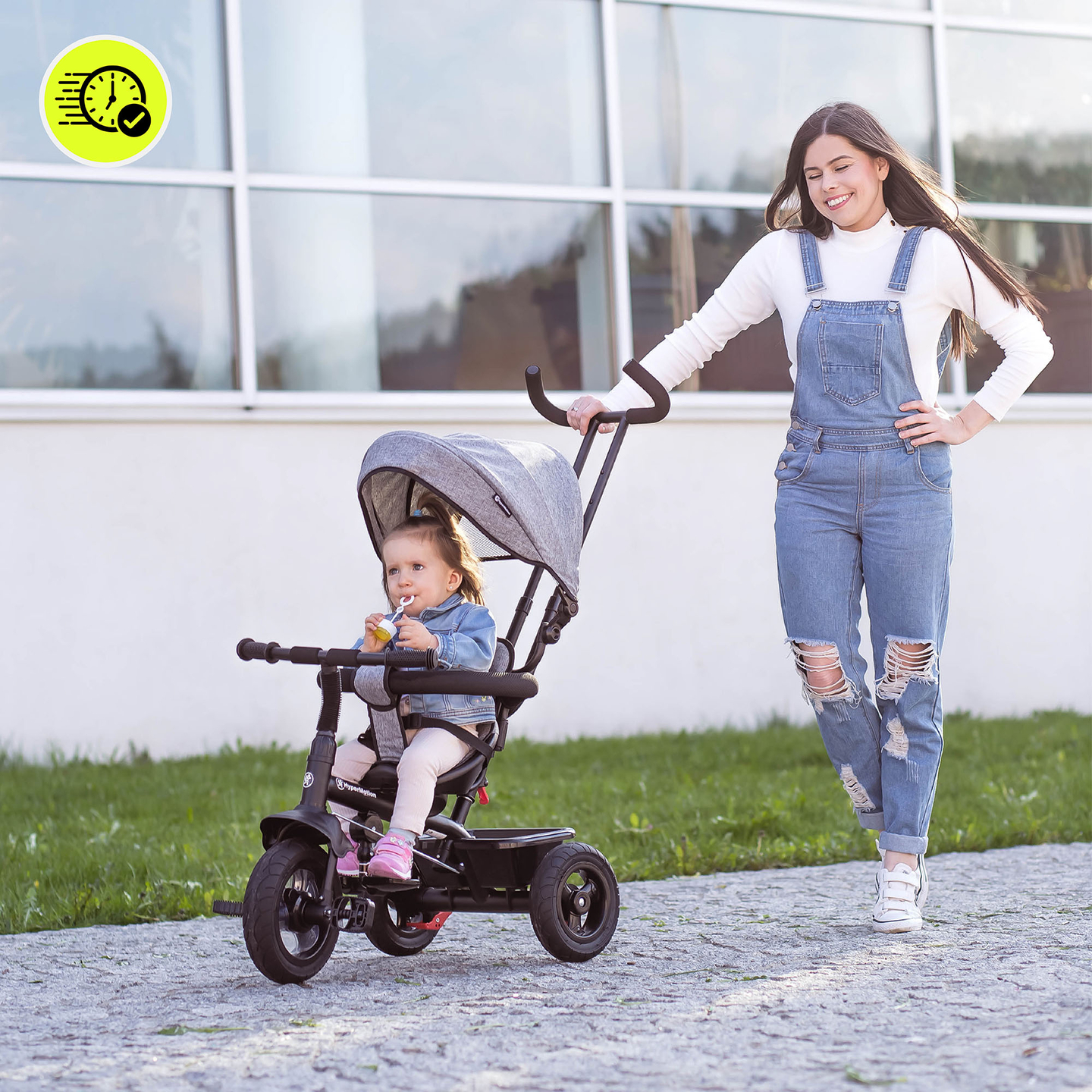 Háromkerekű gyerekeknek 1-4 éves korig - TOBI FREY - szürke színű - forgatható - pumpás kerekek + tolóerő