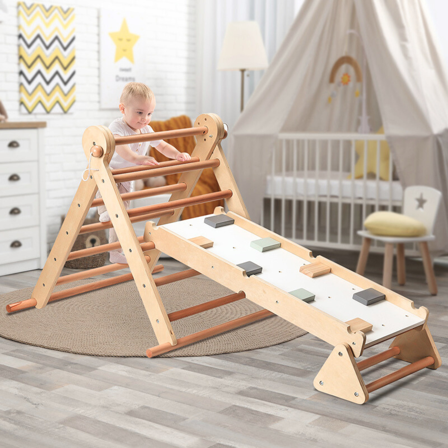 Fából készült, házi készítésű játszótér - létra + mászófal + egyensúlyozó gerenda - Pikler-háromszög