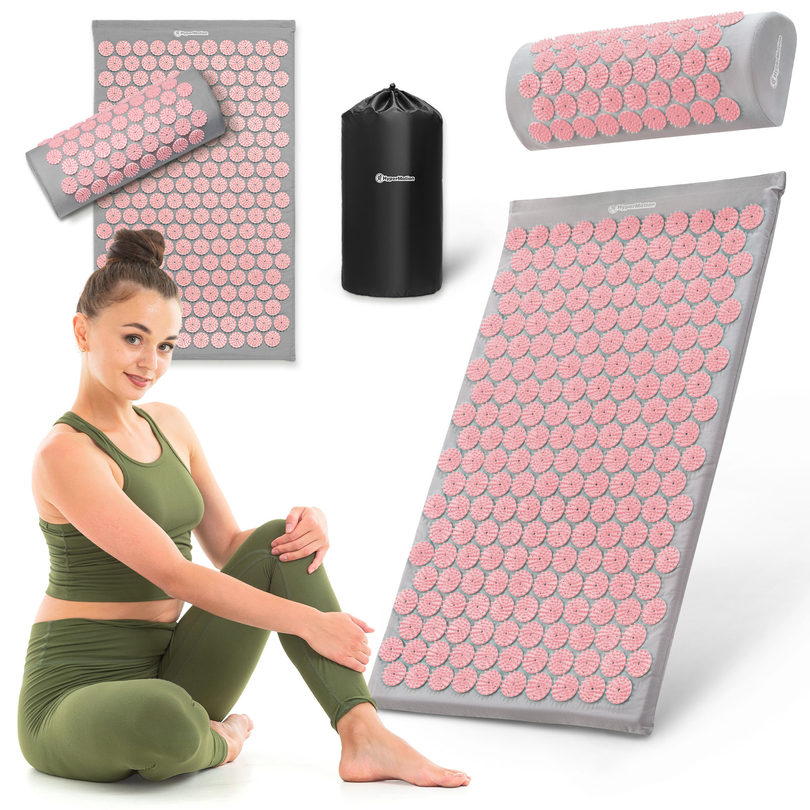 Akupresszúrás szőnyeg párnával és huzattal - 72 cm HyperMotion szürke és rózsaszín