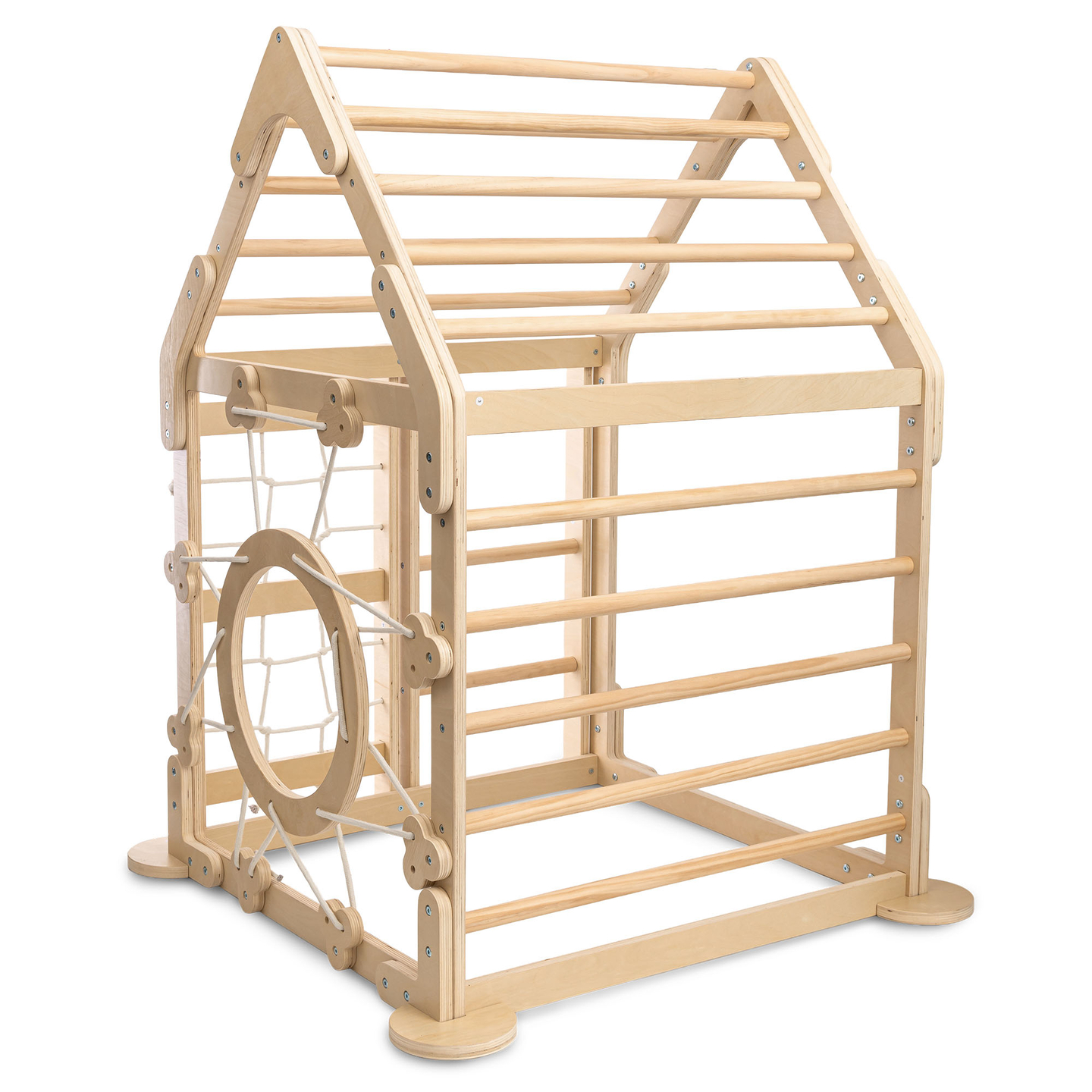 Fedett játszótér gyerekeknek - egy ház létrákkal és csúszdával