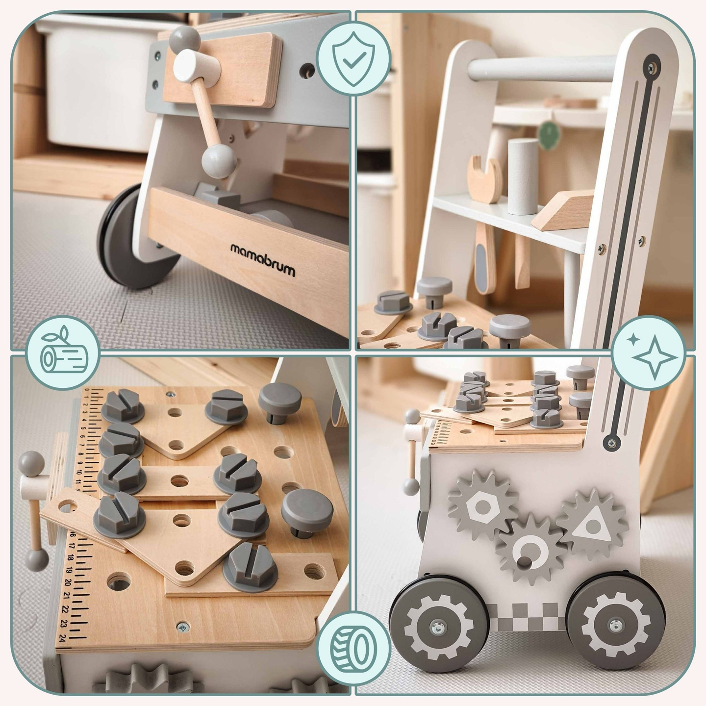 3 az 1-ben fa járókeret, tolókocsi + műhely - 47 elem