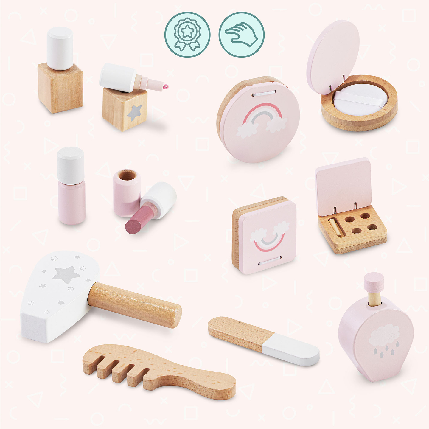 Fa fésülködőasztal gyerekeknek LED világítással, fokozatmentes fényerő-szabályozással, székkel és kiegészítőkkel