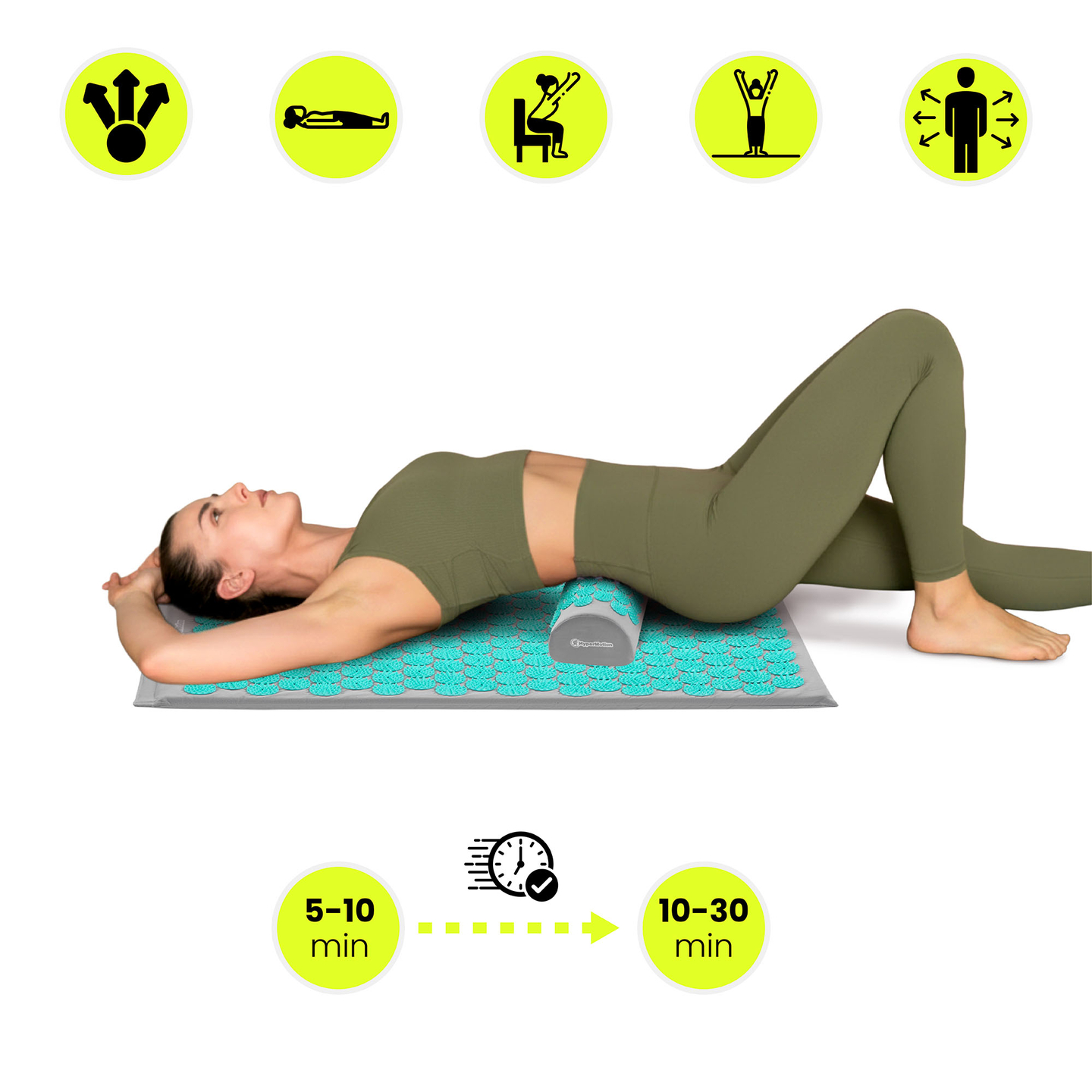 Akupresszúrás szőnyeg párnával és huzattal - 72 cm HyperMotion szürke-menta
