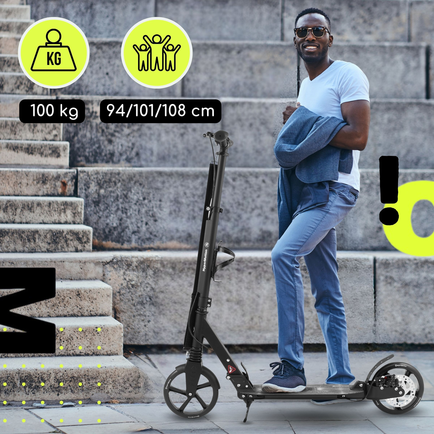 Kétkerekű robogó fiatal felnőtteknek - lengéscsillapítóval - HyperMotion Skyline - fekete, alumínium - 100kg