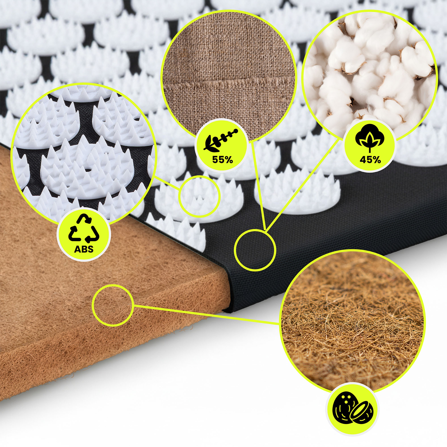 Öko vászon akupresszúrás szőnyeg kókuszrosttal és hajdinapárnával – 68 cm HyperMotion fekete-fehér