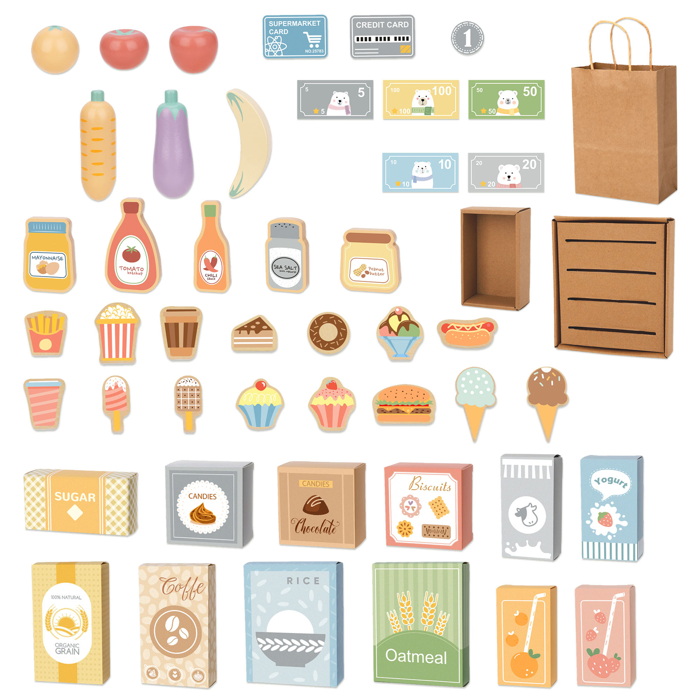 Nagy, fából készült gyermekbolt táblával - 91 darab a vásárlás örömére!