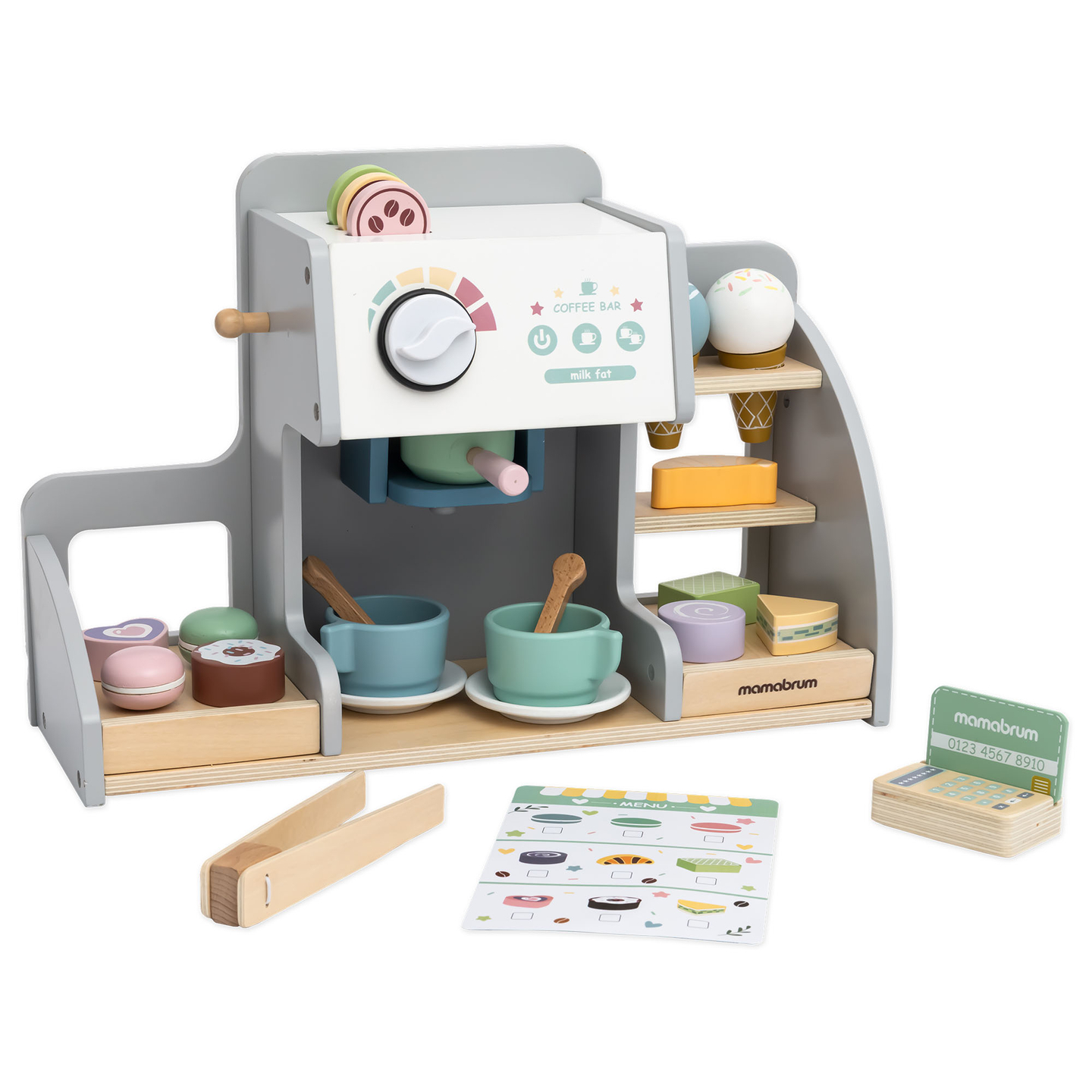 Nagyméretű, fából készült fagylaltozó mágneses táblával, kávéfőzővel, fagylalt- és desszertkészlettel - több mint 70 darab!