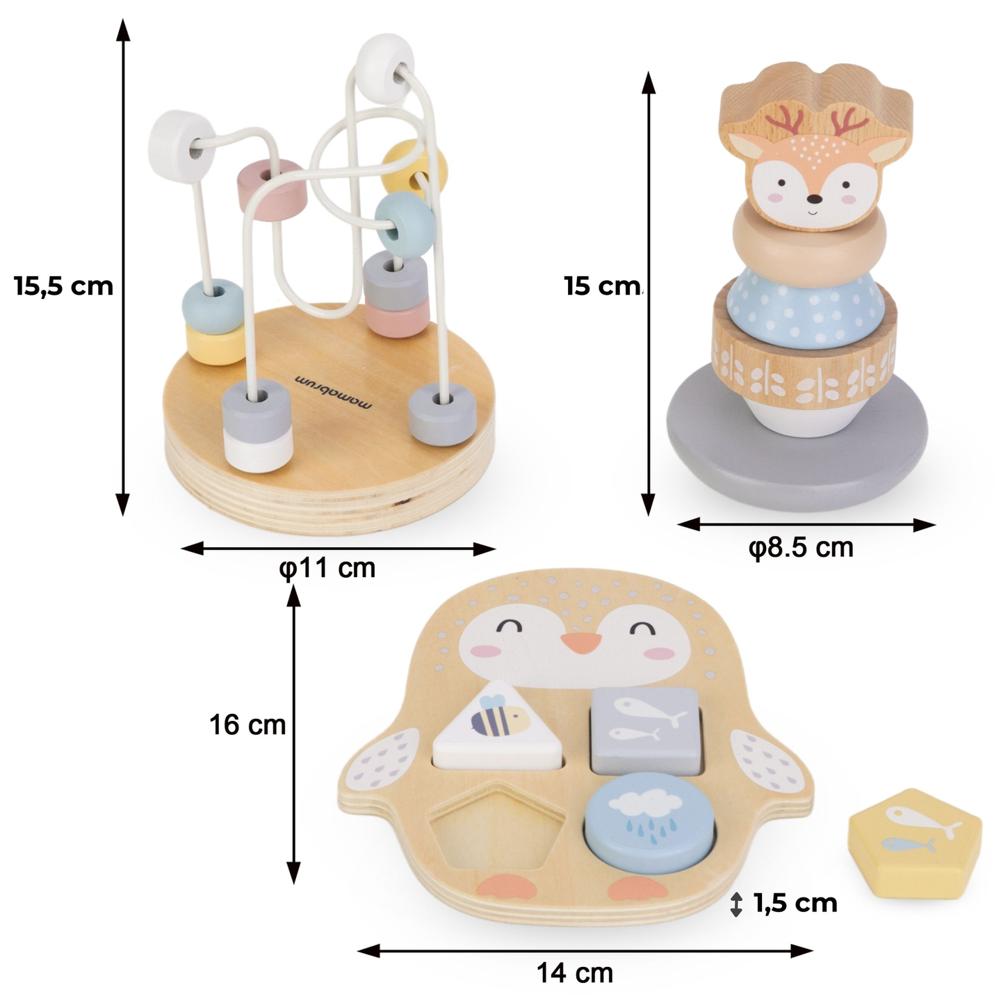 Fából készült játékkészlet - színes összefonódó, piramis Szarvas, szortírozó Pingvin