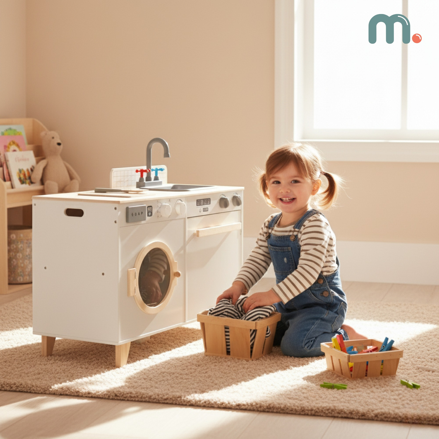 Fából készült mosoda és konyha - 2 az 1-ben otthoni szett gyerekeknek