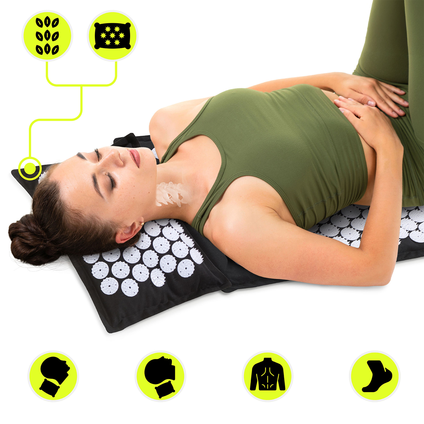 Öko vászon akupresszúrás szőnyeg kókuszrosttal és hajdinapárnával – 68 cm HyperMotion fekete-fehér