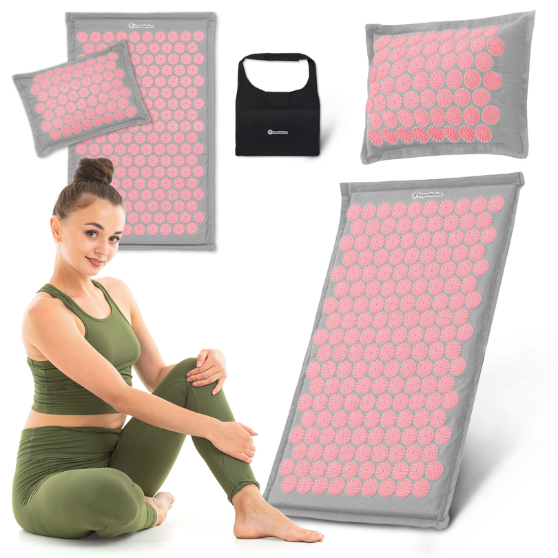 Öko vászon akupresszúrás szőnyeg kókuszrosttal és hajdinapárnával – 68 cm HyperMotion szürke és rózsaszín